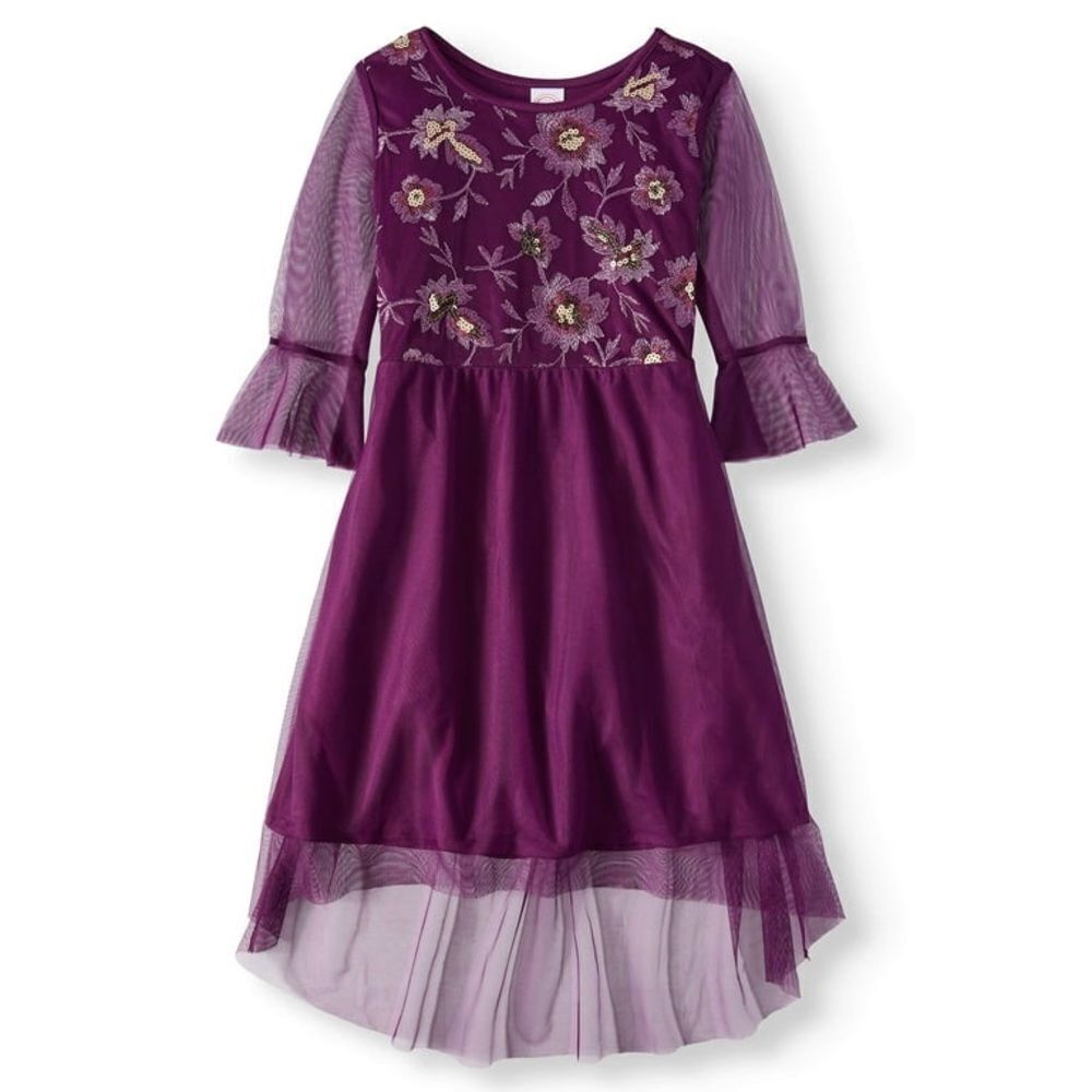 Purple lace floral mesh embroidered formal girls dress long sleeve XL 14-16